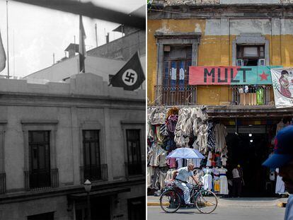 A la izquierda, el Casino Alemán, en el centro de Ciudad de México, en la década de 1930. A la derecha, la fachada del edificio este mayo.