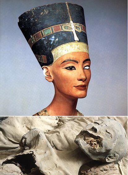La supuesta momia de Nefertiti y el célebre busto de la reina que se exhibe en Berlín.