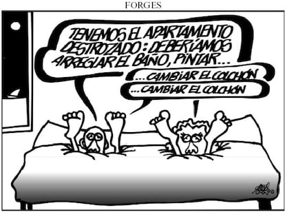 El esposo y la esposa sepultados en una cama inmensa son dos de los personajes más famosos de Forges.