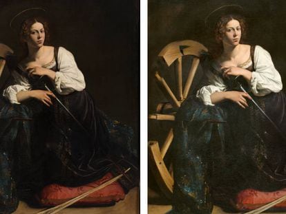 'Santa Catalina de Alejandría' (1598-1599), de Caravaggio, antes y después de la restauración.
