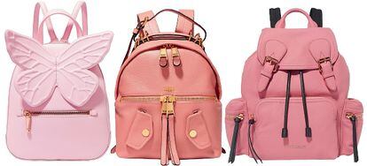El nuevo bolso. La mochila escala puestos en el ‘ranking’ de ‘it bags’, tanto por su funcionalidad como por haber sido capaz de evolucionar estéticamente con los tiempos.
En rosa, da un toque ‘kawaii’ –moda japonesa fan de los colores pastel– a nuestro ‘look’. De izquierda a derecha: con adorno de SOPHIA WEBSTER. A lo perfecto, de MOSCHINO (969 €); Multibolsillos, de BURBERRY (1.650 €).