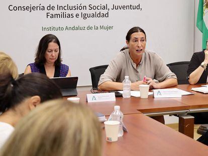 La consejera andaluza de Igualdad, Loles López, en su reunión con la directora y coordinadoras del IAM esta mañana en Sevilla. / JUNTA ANDALUCÍA