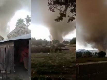 Fotograma de videos compartidos en redes sociales que captaron el tornado en Santa María Techachalco (Puebla) este sábado.