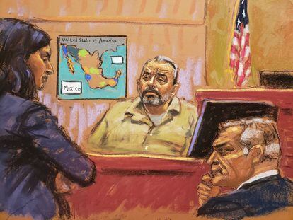 Edgar Veytia is questioned by Saritha Komatireddy during the trial of Mexico's former Public Security Minister Genaro Garcia Luna on charges that he accepted millions of dollars to protect the powerful Sinaloa Cartel, once run by imprisoned drug lord Joaquin "El Chapo" Guzman, at a courthouse in New York City, U.S., February 7, 2023 in this courtroom sketch. REUTERS/Jane Rosenberg