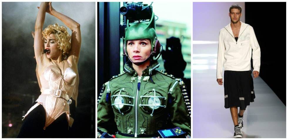 Tres de los diseños más icónicos de Gaultier: Madonna con el corpiño de conos en el pecho que la caracterizó a principios de los 90; la actriz Victoria Abril como Andrea Caracortada en la película de Almodóvar 'Kika' (1993); y la falda en el hombre, en un desfile primavera/verano 2010.