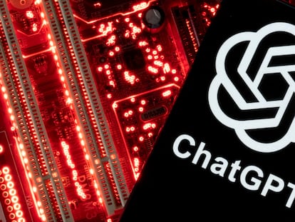 FILE PHOTO: A smartphone with a displayed ChatGPT logo is placed on a computer motherboard in this illustration taken February 23, 2023. REUTERS/Dado Ruvic/Illustration/File Photo