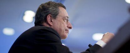 El presidente del Banco Central Europeo (BCE), Mario Draghi, durante su intervenci&oacute;n en el encuentro organizado por el FMI el pasado abril.