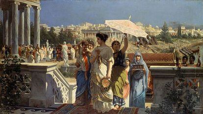 Una patricia romana visita monumentos  en una pintura de época.