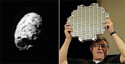 El núcleo del cometa <b>Wild 2,</b> fotografiado por <i>Stardust. </i>A la derecha, Don Brownlee, director científico, muestra un modelo del recolector de partículas, relleno de aerogel, el pasado 6 de enero en el Jet Propulsion Laboratory en Pasadena.