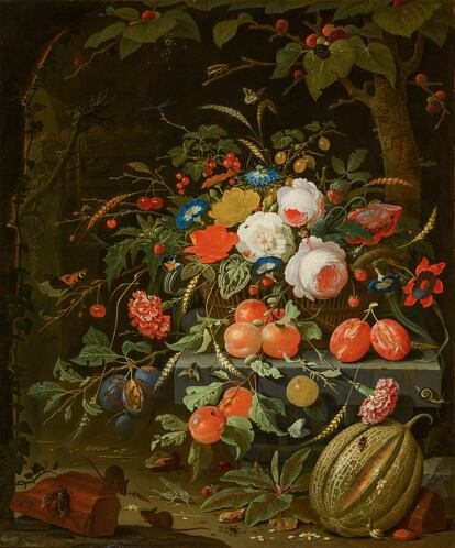 'Bodegón con flores y frutas', pintado en 1670 por Abraham Mignon.