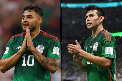 Los delanteros mexicanos, Alexis Vega (Chivas) e Hirving Lozano 'Chucky' (Napoli), durante el partido mundialista contra la selección de Argentina, el pasado 26 de noviembre.