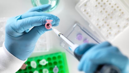 Científicos preparando una muestra en un laboratorio.