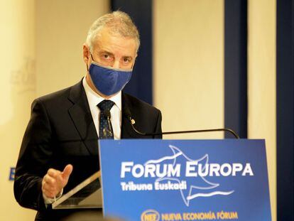 El presidente vasco, Iñigo Urkullu, en la primera cita presencial del Fórum Europa, este viernes en Bilbao.