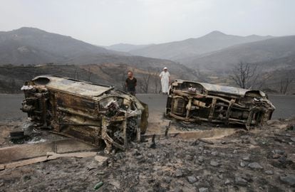 Varios hombres junto a vehículos quemados tras un incendio forestal en Bejaia, Argelia.