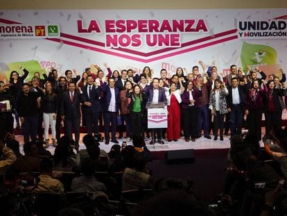 Coordinadores de la alianza entre PVEM, PT y Morena, el 11 de noviembre en Ciudad de México.