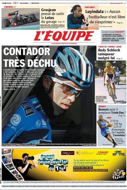 Alberto Contador, protagonista en la portada de L'Èquipe.