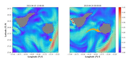 Las imágenes muestran las velocidades de las corrientes oceánicas en las Islas Canarias.  A la derecha se puede ver (en amarillo) una mancha de aceite durante el derrame, y a la izquierda su evolución después de cierto tiempo.