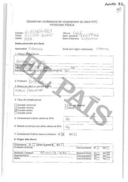 Documento confidencial que rellenó Marta Ferrusola para abrir su cuenta en la Banca Privada d'Andorra (BPA).