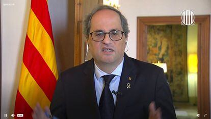 El presidente de la Generalitat, Quim Torra, en rueda de prensa telemática con medios internacionales.