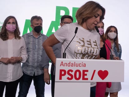 Susana Díaz en la sede del PSOE-A, tras las primarias celebradas este domingo.