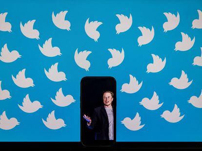 (FILES) In this file photo illustration taken on August 05, 2022, shows a cellphone displaying a photo of Elon Musk placed on a computer monitor filled with Twitter logos in Washington, DC. - Employee departures multiplied at Twitter on November 17, 2022, after an ultimatum from new owner Elon Musk, who demanded staff choose between being "extremely hardcore" and working long hours, or losing their jobs. "I may be #exceptional, but gosh darn it, I'm just not #hardcore," tweeted one former employee, Andrea Horst, whose LinkedIn profile still reads "Supply Chain & Capacity Management (Survivor) @Twitter." (Photo by SAMUEL CORUM / AFP)