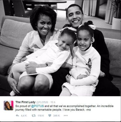 Michelle Obama también despidió a su esposo: "Muy orgullosa de @POTUS y de todo lo que hemos logrado juntos. Ha sido un viaje increíble rodeados de gente notable. Te quiero Barack".
