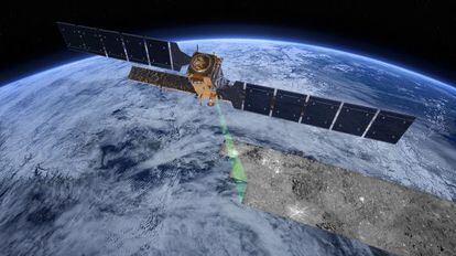 Ilustración del satélite europeo `Sentinel 1`, haciendo el barrido de radar sobre la superficie terrestre.