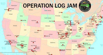 Mapa de las ciudades en las que se ha llevado a cabo la Operación Log Jam.