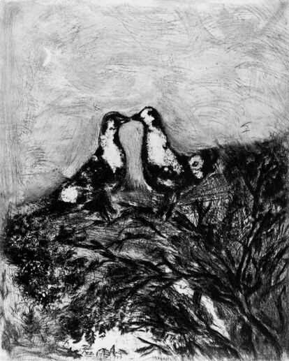 Otro de los grabados de Chagall que pueden contemplarse en la exposición vallisoletana es 'Las dos palomas'. Los originales se expusieron en París, Bruselas y Berlín, entre otras ciudades y terminaron en manos de coleccionistas privados.