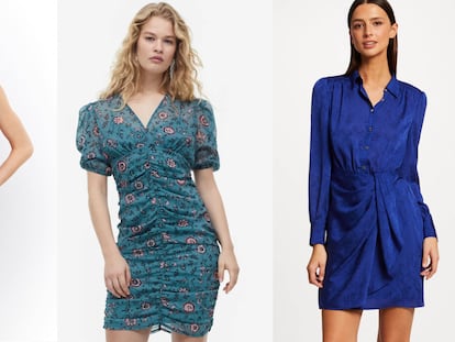 Tres de las propuestas de vestidos drapeados en la cintura para este verano. H&M/MORGAN.