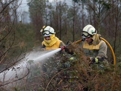 Agentes de los equipos de bomberos trabajan en un incendio forestal en Trabada (Lugo), el 8 de febrero de 2024.