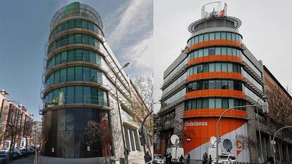 El cambio de la decoración en la fachada de la sede central de Ciudadanos.