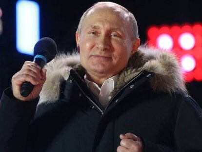 El presidente ruso, Vladímir Putin, tras las elecciones del pasado domingo en un acto en Moscú.