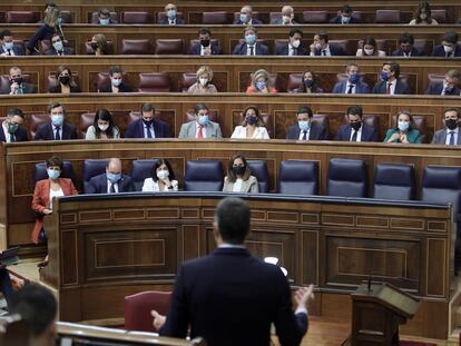 El presidente del Gobierno, Pedro Sánchez, interviene en la sesión de control al Gobierno en el Congreso de los Diputados, el 15 de septiembre de 2021.