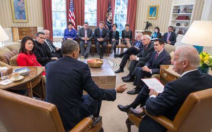 El presidente Obama reunido con l&iacute;deres religiosos en la Casa Blanca.