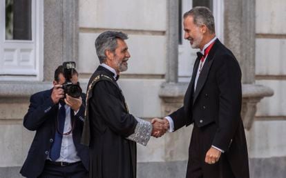 Lesmes recibe al Rey en la sede del Tribunal Supremo, esta mañana en Madrid.