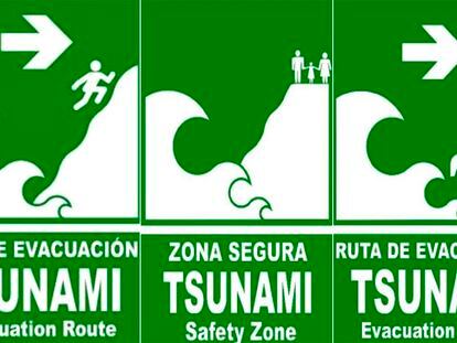 Tres carteles de la guía ilustrada presentada por el Ministerio del Interior, que señalizan las rutas de evacuación y las zonas seguras en caso de tsunami.