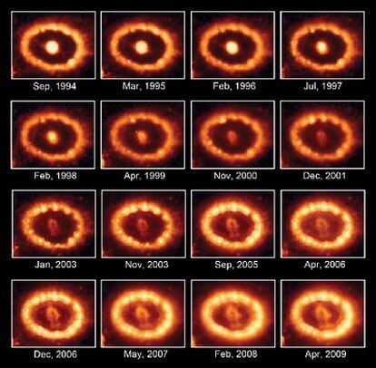 Imágenes de la supernova SN 1987 A, tomadas por el telescopio <i>Hubble</i>, en las que se aprecia su evolución.