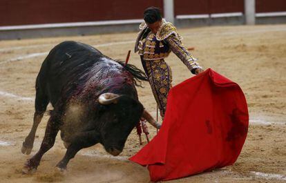 Alberto Aguilar durante la faena con su quinto toro, al que cort&oacute; una oreja. 