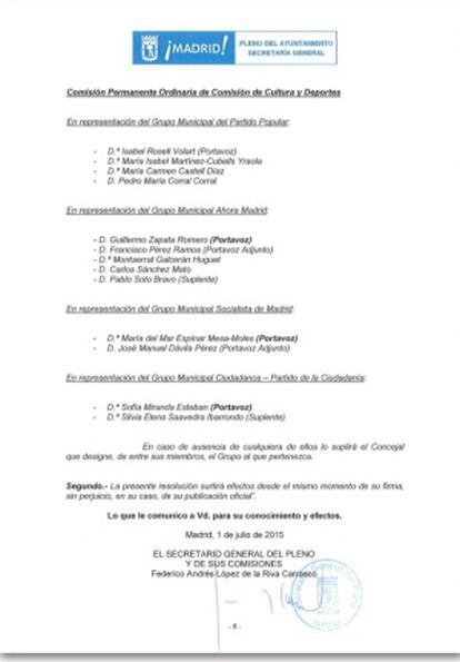 Documento interno con el nombramiento de Zapata como portavoz de Ahora Madrid en la comisión de Cultura.