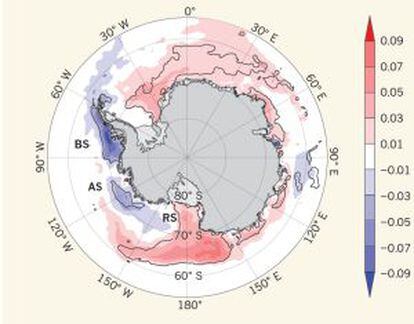 Variaci&oacute;n de la cubierta de hielo marino en la Ant&aacute;rtida calculada en porcentajes de extensi&oacute;n por d&eacute;cada (1979 y 2012): el hielo aumenta en las zonas marcadas en rojo (este y oeste) y disminuye en las azules.