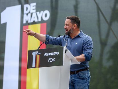 El líder de Vox, Santiago Abascal, en el acto del sindidato ultra Solidaridad con motivo del 1º de Mayo.