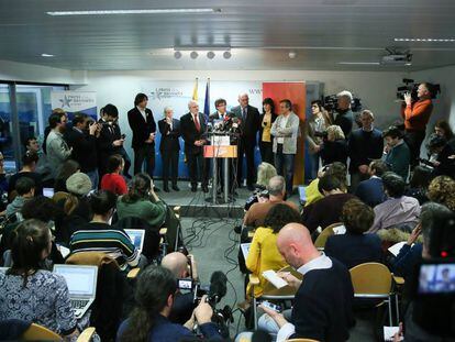 El expresidente de la Generalitat Carles Puigdemont en una rueda de prensa en Bruselas.