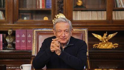 El presidente Andrés Manuel López Obrador durante un mensaje en Palacio Nacional en Ciudad de México.