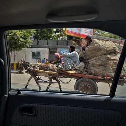 Dos hombres circulaban con un carro cargado de basura por el centro de Kabul, la mayor urbe del país, con unos cuatro millones de habitantes.