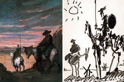 <i>Don Quijote y Sancho Panza</i> (1866-1868), de Daumier (a la izquierda), y <i>Don Quijote</i> (1955), de Picasso.