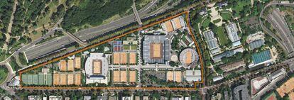 Vista aérea del actual estado del complejo de Roland Garros, en París.