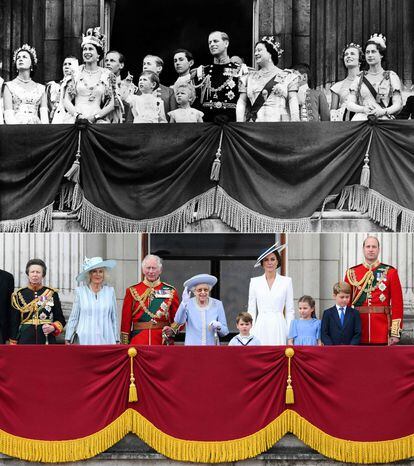 Esta combinación de imágenes muestra (arriba) a la reina Isabel II de Gran Bretaña (segunda izquierda), acompañada por el príncipe Felipe, el duque de Edimburgo (centro), el príncipe Carlos (tercera izquierda), la princesa Ana (centro), la reina madre Isabel (tercera derecha) y la princesa Margarita apareciendo en el balcón del Palacio de Buckingham, el día de su coronación, el 2 de junio de 1953 en Londres. En la imagen inferior, la reina Isabel II de Gran Bretaña (C) de pie con, desde la izquierda, la princesa Ana de Gran Bretaña, la princesa real, Camilla de Gran Bretaña, duquesa de Cornualles, el príncipe Carlos de Gran Bretaña, el príncipe de Gales, el príncipe Luis de Cambridge de Gran Bretaña, Catalina de Gran Bretaña, duquesa de Cambridge, la princesa Charlotte de Cambridge de Gran Bretaña, el príncipe George de Cambridge de Gran Bretaña, el príncipe William, duque de Cambridge de Gran Bretaña, para ver un vuelo especial desde el balcón del Palacio de Buckingham después del desfile del cumpleaños de la reina, el Trooping the Colour, como parte de las celebraciones del jubileo de platino de la reina Isabel II, en Londres el 2 de junio de 2022.  