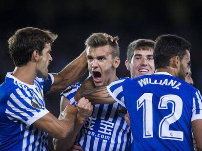 Diego Llorente festeja su gol frente al Rosenborg BK.