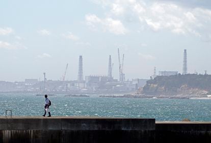A man walks on a breakwater wall at the Ukedo fishing port, near the Fukushima nuclear power plant (background), in Namie on Thursday.